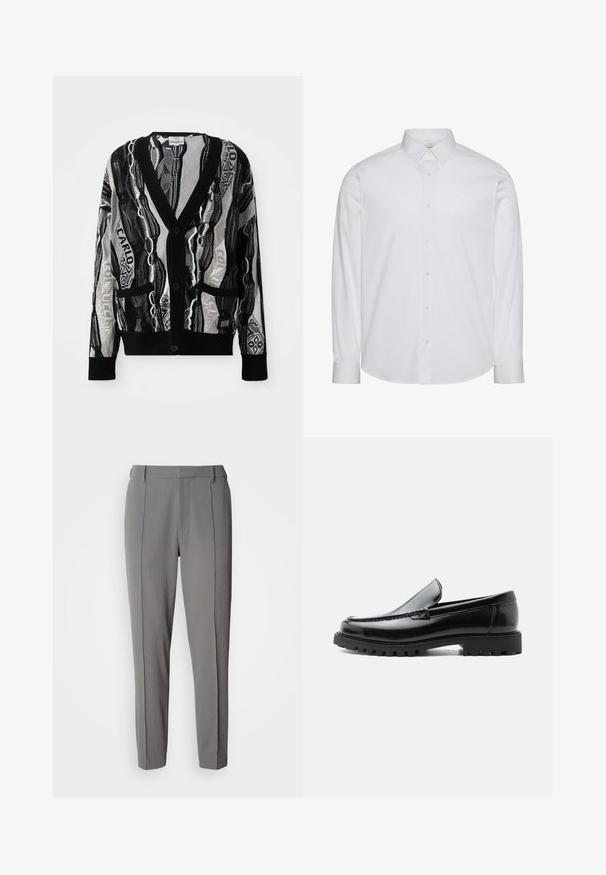 Strikket cardigan i sort og hvid med V-hals, knapper, to forlommer og et geometrisk og tekstmønster. Teksturen virker let.; Hvid langærmet skjorte med knapper lavet af bomuld. Har en standardkrave, frontplade med knapper og afrundet kant. Diskret mærkelogo.; Calvin Klein PULL ON - Bukser - pewter; Sort læderloafer med chunky gummisål, syet overdel og præget mærkenavn på hælen, vist i sideprofil på hvid baggrund.