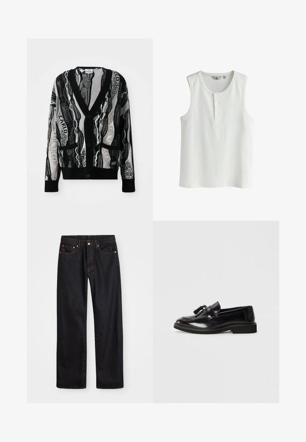 Strikket cardigan i sort og hvid med V-hals, knapper, to forlommer og et geometrisk og tekstmønster. Teksturen virker let.; Hvid ærmeløs ribstrikket top med rund hals og tre-knaps henley-plade i mellemstørrelse.; Mænds lige ben sorte denim jeans med fem lommer og orange syninger, knap- og lynlåslukning foran på taljen.; Sorte læder loafers med en poleret finish, rund tå og dekorative kvaster. Har en lav, sort gummisål. Vist fra siden.