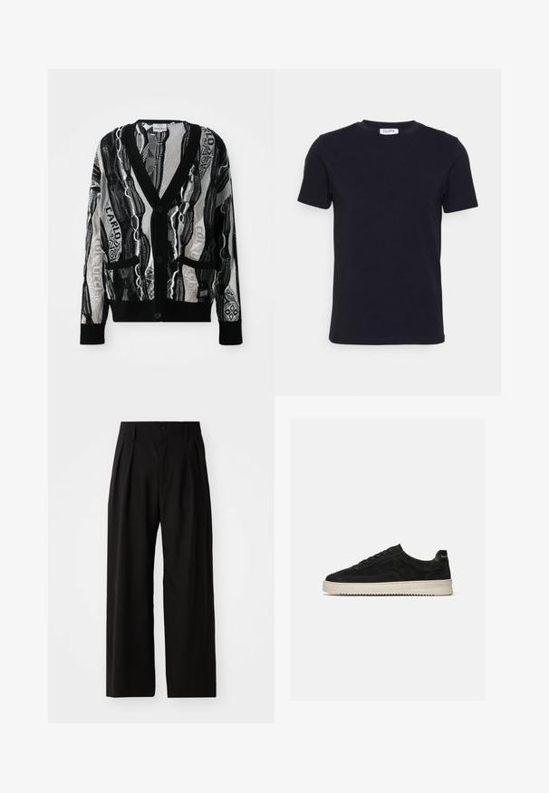 Strikket cardigan i sort og hvid med V-hals, knapper, to forlommer og et geometrisk og tekstmønster. Teksturen virker let.; Sort kortærmet t-shirt med rund hals og et lille hvidt mærke indeni halsudskæringen.; Sorte bukser med vid ben, der har en glat overflade, to frontplisseringer, knaplukning og sidelommer. Holdbart stof.; Sort ruskind lav-sneaker med sorte snørebånd og hvid gummisål, sidevisning på ensartet lys grå baggrund.
