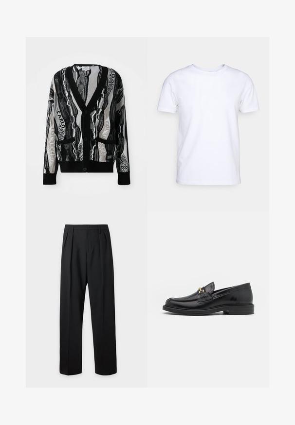 Cardigan tricoté en noir et blanc avec un col en V, des boutons, deux poches avant et un motif géométrique et textuel. La texture semble légère.; T-shirt blanc à manches courtes en tissu de coton avec un col rond. Design simple sans motifs ni accents. Texture lisse.; Pantalon formel noir avec plis, passants de ceinture et fermeture par bouton à la taille, présenté sur un fond clair uni.; Mocassins en cuir noir avec un embout rond, présentant des accents en métal doré et des détails de couture, montés sur une semelle en caoutchouc texturé et basse.