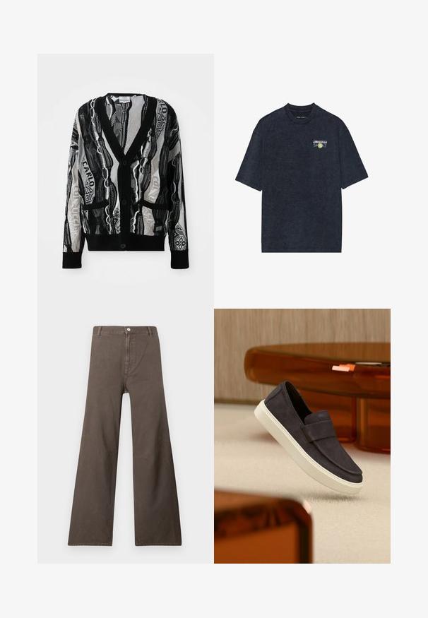 Strikket cardigan i sort og hvid med V-hals, knapper, to forlommer og et geometrisk og tekstmønster. Teksturen virker let.; Mørkeblå kortærmet t-shirt i blød bomuld, med et lille Limoncello grafisk motiv på brystet og blomsterdetaljer. Afslappet pasform, rund halsudskæring.; Brune brede bukser med høj talje, knaplukning, bælteslyngninger og synlige sømdetaljer på benene.; Mørkegrå ruskindssko uden snørebånd med hvid sål, svævende over beige tæppe, med ravfarvet gennemsigtigt møbel i baggrunden.