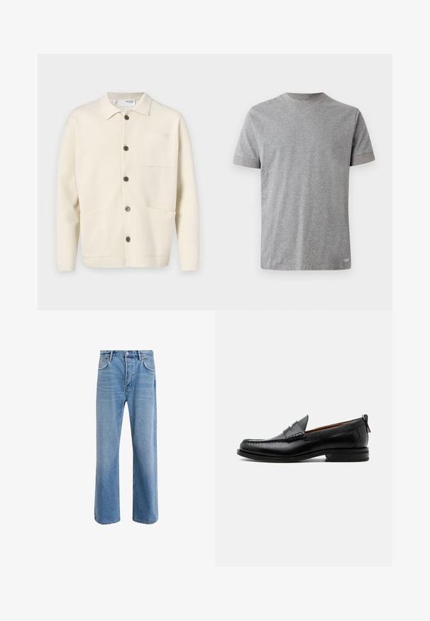 Lys beige cardigan med kravehals, der har fem brune knapper, to forlommer og en enkelt brystlomme. Tekstureret stof.; Kortærmet grå t-shirt lavet af blødt bomuld. Har en rund halsudskæring med en kontrastfarvet kant og en lige kant forneden.; Lyseblå denim jeans med lige ben-design, fem lommer, knaplukning, minimal falming og kontraststingdetaljer.; Sort læder herre loafer med moc-tå syning, penny strop, struktureret krave og lav stablet hæl på hvid baggrund.