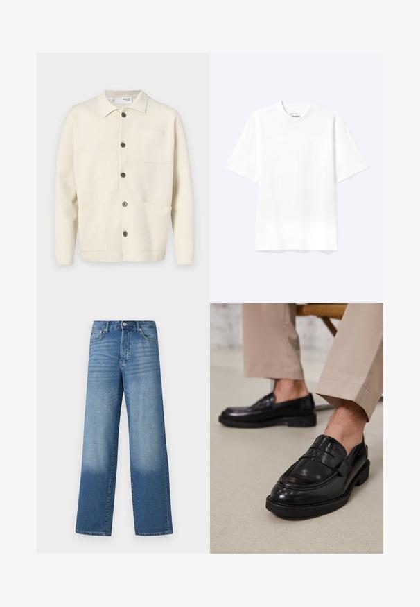Lys beige cardigan med kravehals, der har fem brune knapper, to forlommer og en enkelt brystlomme. Tekstureret stof.; Enkel hvid T-shirt med korte ærmer og rund hals med afslappet pasform, vist på en lys baggrund.; Blå højtaljede strækte jeans med falmede områder på lårerne og mørkere skygger nær kanten, synlig frontknap og lommer.; Sorte lædermokkasiner med en glat overflade, der har en dekorativ rem og kontraststing, parret med beige bukser.