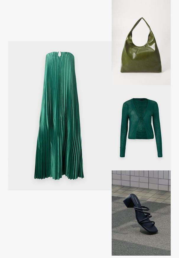 Cardigan verde de punto con mangas largas, escote en V y cierre frontal con lazo, que presenta una textura acanalada y un diseño corto.; Vestido de noche largo de satén plisado verde esmeralda sin tirantes, con un pequeño corte circular y cierre de botón en el escote.; Sandalia negra con punta cuadrada, tres tiras finas y tacón grueso sobre pavimento cerca de pared de azulejos.; Bolsa hobo verde de cuero con un diseño suave, asa curvada y textura lisa. No contiene hardware visible ni acentos.