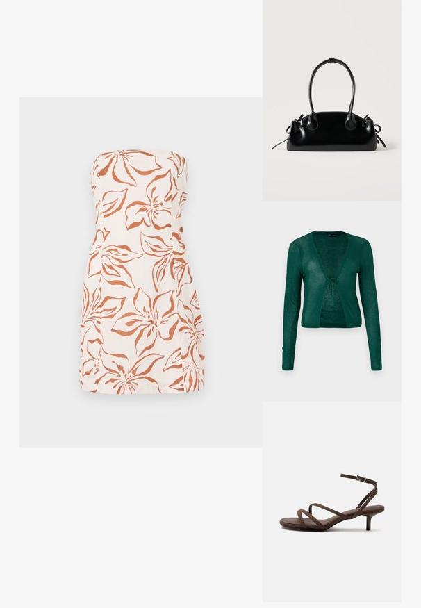 Cardigan verde de punto con mangas largas, escote en V y cierre frontal con lazo, que presenta una textura acanalada y un diseño corto.; Vestido sin tirantes en tela ligera, con un patrón floral naranja sobre un fondo crema. Corte recto con un dobladillo simple.; Sandalia marrón de tacón alto con tiras finas cruzadas y una correa en el tobillo con una hebilla plateada sobre un fondo blanco.; Pequeño bolso negro brillante con dos asas largas y detalles de cordón lateral sobre un fondo claro liso.