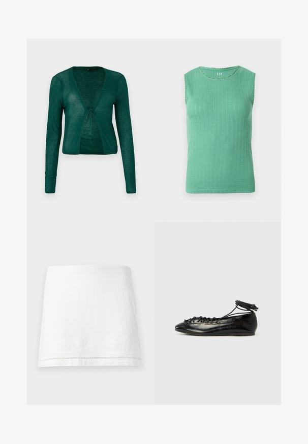 Cardigan verde de punto con mangas largas, escote en V y cierre frontal con lazo, que presenta una textura acanalada y un diseño corto.; Top sin mangas de punto acanalado verde con escote redondo y sutil patrón vertical de encaje, mostrado sobre un fondo liso.; Minifalda blanca de lino con dobladillo recto y sutil costura decorativa cerca del borde inferior, mostrada sobre un fondo liso.; Zapatos planos tipo ballet de charol negro con punta redondeada, diseño con cordones y suela plana. Textura lisa con detalles mínimos.
