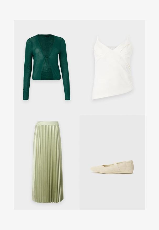Cardigan verde de punto con mangas largas, escote en V y cierre frontal con lazo, que presenta una textura acanalada y un diseño corto.; Top camisola blanco asimétrico con tirantes finos y detalles sutiles fruncidos en el busto, exhibido sobre un fondo liso.; Falda midi plisada en satén verde claro con una textura suave. Cintura ajustada, cae hasta la mitad de la pantorrilla, con pliegues verticales uniformes en toda la prenda.; Bailarinas beige con un exterior de cuero liso, punta en forma de almendra y una correa elástica en el empeine, con detalles de costura sutiles.