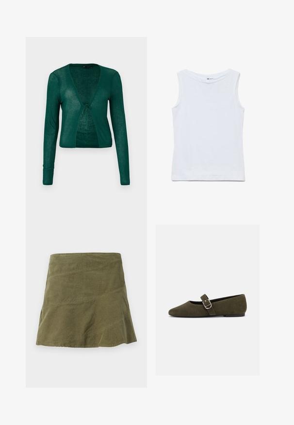 Cardigan verde de punto con mangas largas, escote en V y cierre frontal con lazo, que presenta una textura acanalada y un diseño corto.; Camiseta blanca sin mangas de algodón con un amplio escote redondo y dobladillo recto, mostrada extendida sobre un fondo blanco.; Falda de pana verde oliva con forma acampanada, con costuras diagonales y una textura sutil. Diseño de longitud media sin cierres visibles.; Zapato plano Mary Jane de ante verde oliva con hebilla de plata y punta redondeada, mostrado sobre un fondo blanco.