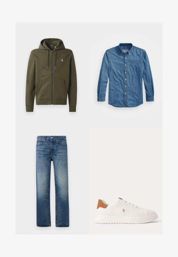 Sudadera con cremallera en verde oliva, hecha de algodón suave, con un bolsillo tipo canguro, capucha con cordón y un pequeño logo blanco en el lado izquierdo del pecho.; Camisa de mezclilla abotonada en azul medio con cuello puntiagudo, mangas largas y un pequeño logo bordado en el pecho. Textura suave.; Vaqueros azul desgastado de pierna recta con cierre frontal de botón y cremallera, trabillas para cinturón y bolsillos delanteros sobre fondo liso.; Zapatilla blanca de caña baja con lengüeta trasera en color marrón claro, cordones blancos y un pequeño logo bordado de jugador de polo en el lateral sobre una suela gruesa.