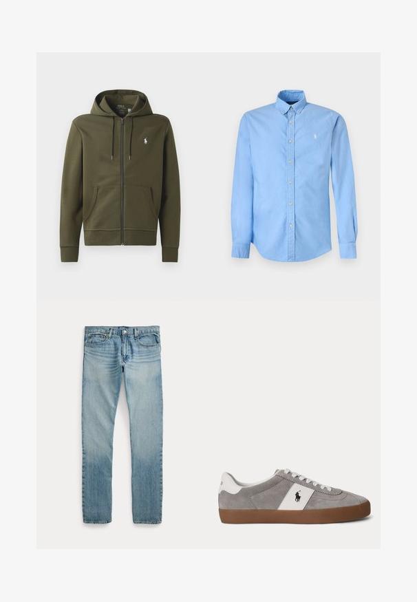 Sudadera con cremallera en verde oliva, hecha de algodón suave, con un bolsillo tipo canguro, capucha con cordón y un pequeño logo blanco en el lado izquierdo del pecho.; Camisa azul claro de manga larga con botones, cuello abotonado y pequeño logo de caballo bordado en blanco en el pecho izquierdo.; Vaqueros de mezclilla azul claro de pierna recta con cinco bolsillos, cierre de botón y detalles sutiles descoloridos alrededor de los muslos y las rodillas.; Zapatilla baja de ante gris con cordones blancos, talón y panel lateral blancos con un logotipo negro de jugador de polo, y suela de goma marrón.