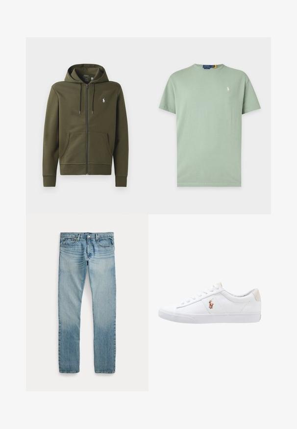 Oliven grøn zip-up hoodie lavet af blødt bomuld, med en kengurulomme, snor i hætten og et lille hvidt logo på venstre bryst.; Lysegrøn kortærmet bomuld t-shirt med rund halsudskæring og lille hvid Polo Ralph Lauren hestelogo på venstre bryst.; Lyseblå straight-leg denimbukser med fem lommer, knaplukning og subtile falmede detaljer omkring lår og knæ.; Hvide kanvas sneakers med lågtop design, prydet med en beige hælkappe og et lille broderet logo på siden. Gummisål.