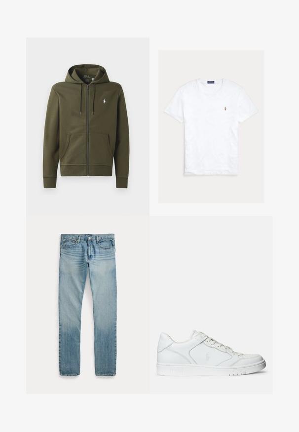 Oliven grøn zip-up hoodie lavet af blødt bomuld, med en kengurulomme, snor i hætten og et lille hvidt logo på venstre bryst.; Hvid T-shirt med rund hals og korte ærmer med lille broderet Polo Ralph Lauren-logo på venstre bryst og blå mærkeetiket indvendigt i kraven.; Lyseblå straight-leg denimbukser med fem lommer, knaplukning og subtile falmede detaljer omkring lår og knæ.; Hvide lædersneakers med en glat tekstur, der har en perforeret tå, snørebåndslukning og broderet logo på siden. Hvid gummisål.