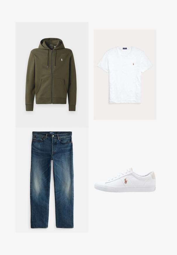 Oliven grøn zip-up hoodie lavet af blødt bomuld, med en kengurulomme, snor i hætten og et lille hvidt logo på venstre bryst.; Hvid T-shirt med rund hals og korte ærmer med lille broderet Polo Ralph Lauren-logo på venstre bryst og blå mærkeetiket indvendigt i kraven.; Indigo blå denimjeans med straight-leg design, fem-lomme stil og subtil falmning på lårene. Metallknap og lynlås lukning.; Hvide kanvas sneakers med lågtop design, prydet med en beige hælkappe og et lille broderet logo på siden. Gummisål.
