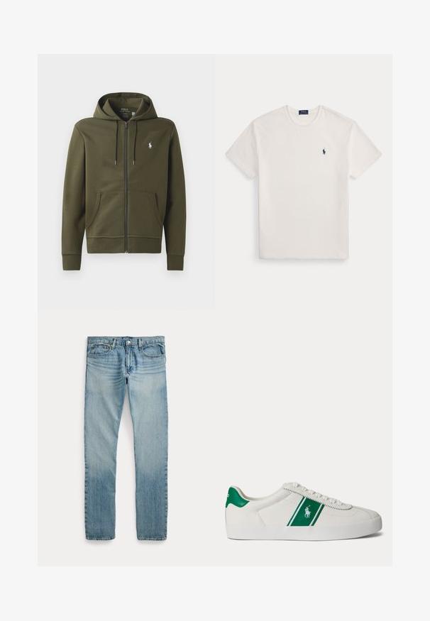 Oliven grøn zip-up hoodie lavet af blødt bomuld, med en kengurulomme, snor i hætten og et lille hvidt logo på venstre bryst.; Hvid kortærmet rundhalset t-shirt med et lille mørkeblåt polospillerlogo på venstre bryst.; Lyseblå straight-leg denimbukser med fem lommer, knaplukning og subtile falmede detaljer omkring lår og knæ.; Hvid low-top sneaker med grøn stribe og Polo-logo på siden, grøn hæl-flik og hvide snørebånd, vist fra venstre side på ensfarvet baggrund.