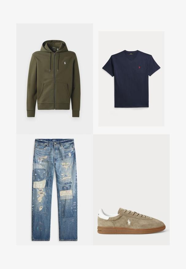 Oliven grøn zip-up hoodie lavet af blødt bomuld, med en kengurulomme, snor i hætten og et lille hvidt logo på venstre bryst.; Marineblå bomulds T-shirt med v-hals, korte ærmer og en lille rød broderet logo på venstre brystområde. Glat tekstur, standard pasform.; Blå denimjeans med flere stoflapper, malingssprøjt og slidte detaljer, med knap- og lynlåslukning.; Suedesneakers i tan med hvide detaljer, rund tå og snørebåndsdesign. Har præget logo og gummisål for bedre greb.