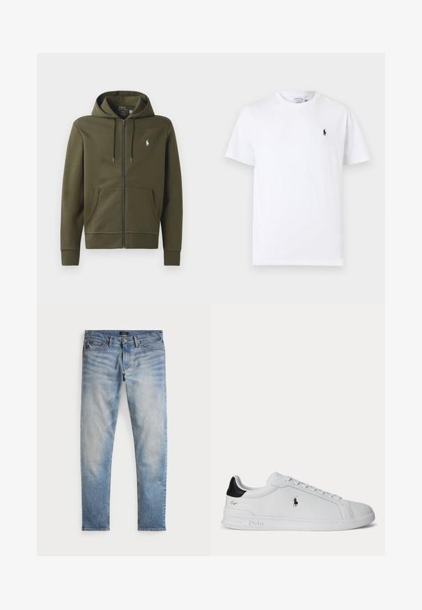 Olivgrüne Zip-Up-Hoodie aus weichem Baumwollmaterial, mit Kängurutasche, verstellbarem Kapuzenzug und einem kleinen weißen Logo auf der linken Brust.; Weißes T-Shirt mit kurzen Ärmeln und Rundhalsausschnitt mit kleinem dunkelblauem Polo-Spieler-Logo auf der linken Brust.; Helle blaue Denim-Jeans mit einem ausgewaschenen Finish, Fünf-Taschen-Design und kontrastierenden Nähten. Mit Reißverschluss und Gürtelschlaufen. Gerade geschnitten.; Weißer Sneaker mit niedrigem Schaft, schwarzem Fersenlasche, Schnürsenkeln und Polo Ralph Lauren Logo an der Seite, mit geprägten Sohlen-Details.
