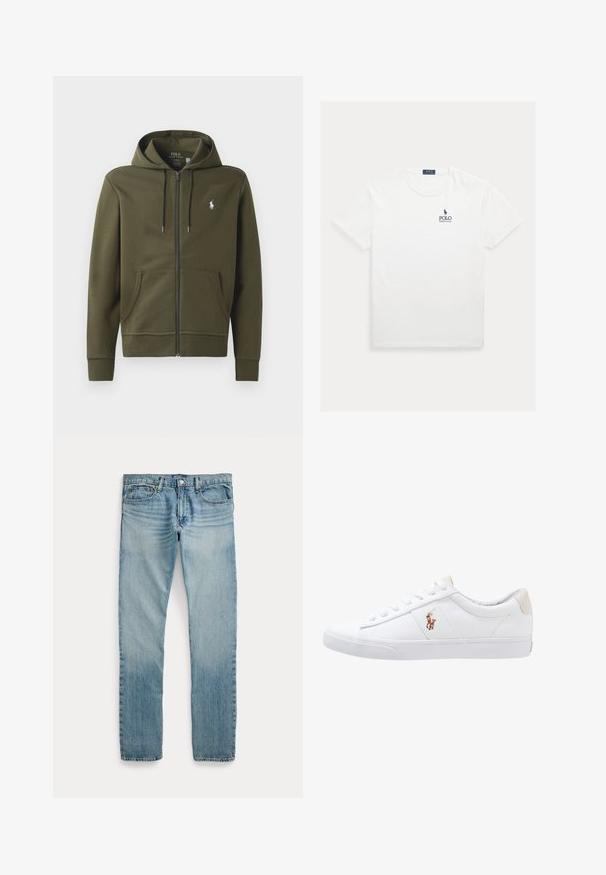 Olivgrüne Zip-Up-Hoodie aus weichem Baumwollmaterial, mit Kängurutasche, verstellbarem Kapuzenzug und einem kleinen weißen Logo auf der linken Brust.; Weißes T-Shirt mit kurzen Ärmeln und Rundhalsausschnitt, mit kleinem dunkelblauem Polo Ralph Lauren Logo auf der linken Brust.; Hellblaue Jeans mit geradem Bein, fünf Taschen, Knopfverschluss und dezenten verwaschenen Details an Oberschenkeln und Knien.; Weiße Leinensneaker im Low-Top-Design mit einem beigen Ferseneinsatz und einem kleinen gestickten Logo an der Seite. Gummisohle.