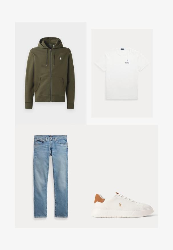 Olivgrüne Zip-Up-Hoodie aus weichem Baumwollmaterial, mit Kängurutasche, verstellbarem Kapuzenzug und einem kleinen weißen Logo auf der linken Brust.; Weißes T-Shirt mit kurzen Ärmeln und Rundhalsausschnitt, mit kleinem dunkelblauem Polo Ralph Lauren Logo auf der linken Brust.; Hellblaue Jeans mit geradem Bein, Vordertaschen und Knopfverschluss, flach auf weißem Hintergrund ausgebreitet.; Weißer Sneaker mit niedrigem Schaft, beige Fersenlasche, weißen Schnürsenkeln und kleinem, besticktem Polospieler-Logo an der Seite über einer dicken Sohle.