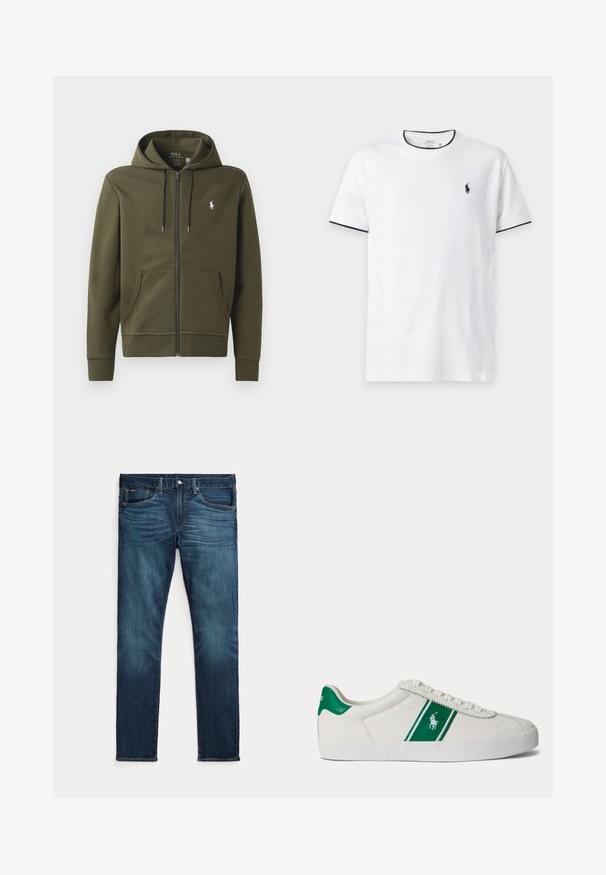Oliven grøn zip-up hoodie lavet af blødt bomuld, med en kengurulomme, snor i hætten og et lille hvidt logo på venstre bryst.; Hvid T-shirt med korte ærmer og sort kant ved krave og ærmer, med et lille sort Polo Ralph Lauren logo på venstre bryst.; Mørkeblå slim-fit jeans med frontknap og lynlås, fem lommer og subtil falmen på forreste lår og knæ.; Hvid low-top sneaker med grøn stribe og Polo-logo på siden, grøn hæl-flik og hvide snørebånd, vist fra venstre side på ensfarvet baggrund.