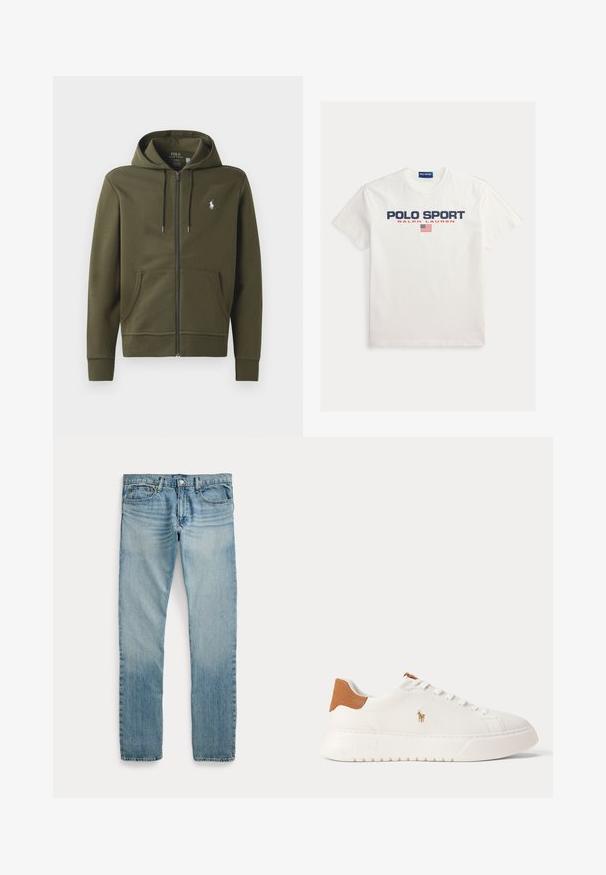 Oliven grøn zip-up hoodie lavet af blødt bomuld, med en kengurulomme, snor i hætten og et lille hvidt logo på venstre bryst.; Hvid bomuld t-shirt med "POLO SPORT" i marineblå og "RALPH LAUREN" i rød. Indeholder en lille grafik af det amerikanske flag. Korte ærmer, rund hals.; Lyseblå straight-leg denimbukser med fem lommer, knaplukning og subtile falmede detaljer omkring lår og knæ.; Hvid lavtop sneaker med tan hælfane, hvide snørebånd og lille broderet polo-spiller logo på siden over en tyk sål.