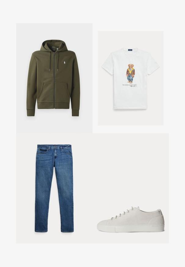 Olivgrüne Zip-Up-Hoodie aus weichem Baumwollmaterial, mit Kängurutasche, verstellbarem Kapuzenzug und einem kleinen weißen Logo auf der linken Brust.; Weißes Baumwoll-T-Shirt mit einer Grafik eines gekleideten Cartoon-Bären. Auffällige Details sind eine braune Jacke, eine gelbe Kapuzenjacke und blaue Jeans.; Blaue Jeans aus Denim mit schmalem Schnitt, ausgestattet mit vorderen Taschen, Gürtelschlaufen und einem Knopfverschluss vor weißem Hintergrund.; Weißer Low-Top Veloursleder-Sneaker mit Schnürung vorne und Gummisohle, minimalistisches Design.