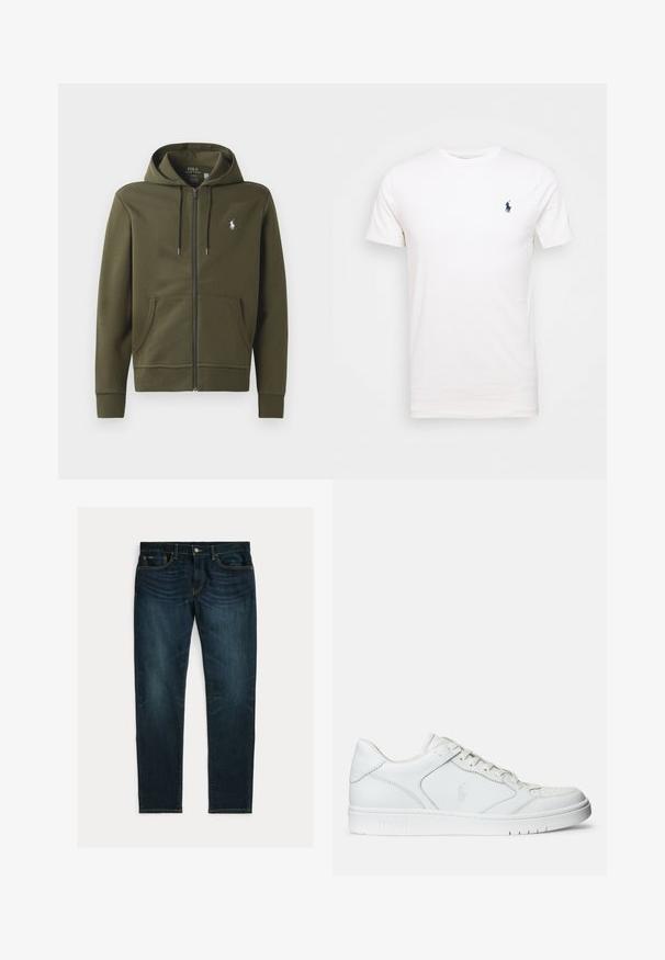 Olivovo zelená mikina na zips vyrobená z mäkkého bavlneného materiálu, s klokankovou vreckom, sťahovacou kapucňou a malým bielym logom na ľavej hrudi.; Biela bavlnená tričko s okrúhlym výstrihom. Na ľavej strane hrude je malé tmavomodré logo. Krátke rukávy, hladká textúra.; Tmavomodré slim fit džínsy s miernym vyblednutím a dizajnom s piatimi vreckami, položené na bielom pozadí.; Biele kožené tenisky s hladkým povrchom, obsahujúce perforovanú špičku, šnúrkové uzatvorenie a vyšívané logo na boku. Biela gumová podrážka.