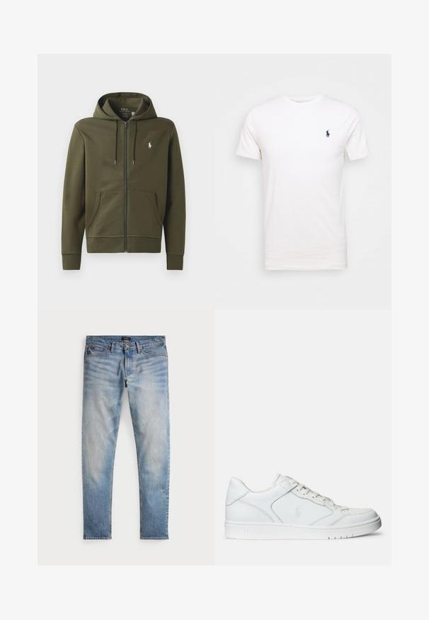 Oliven grøn zip-up hoodie lavet af blødt bomuld, med en kengurulomme, snor i hætten og et lille hvidt logo på venstre bryst.; Hvid bomulds t-shirt med rund hals. Har et lille mørkeblå logo på venstre bryst. Korte ærmer, glat tekstur.; Lys blå denimjeans med en falmet finish, fem-lomme design og kontraststing. Har lynlås og bæltesløjfer. Lige pasform.; Hvide lædersneakers med en glat tekstur, der har en perforeret tå, snørebåndslukning og broderet logo på siden. Hvid gummisål.