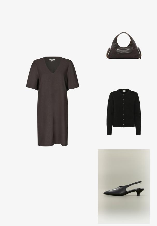 Sorte cardigan lavet af blødt stof, med lange ærmer, en rund halsudskæring og en række af fem blanke knapper foran.; Kort mørkebrun kjole med V-halsudskæring og korte pufærmer.; Sort læder slingback-sko med spids tå og lav kittenhæl på neutral baggrund.; Sort læderhåndtaske med et rundt øverste håndtag, to sidelommer med lynlåse og glat tekstur. Let slap design.