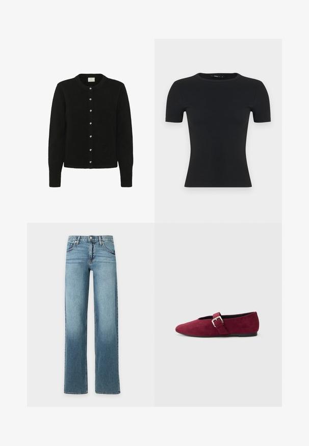 Sorte cardigan lavet af blødt stof, med lange ærmer, en rund halsudskæring og en række af fem blanke knapper foran.; Sort, ribbet t-shirt med korte ærmer, rund halsudskæring, tætsiddende design, lavet af tekstureret stof med en glat finish og uden synlige detaljer.; Lyseblå denimjeans med lige ben, fem lommer, bæltestropper og knapgylp, vist mod en ensfarvet hvid baggrund.; Bordeaux flad sko lavet af ruskind, med en rund tå, minimalistisk design og et dekorativt spænde på tværs af vristen.