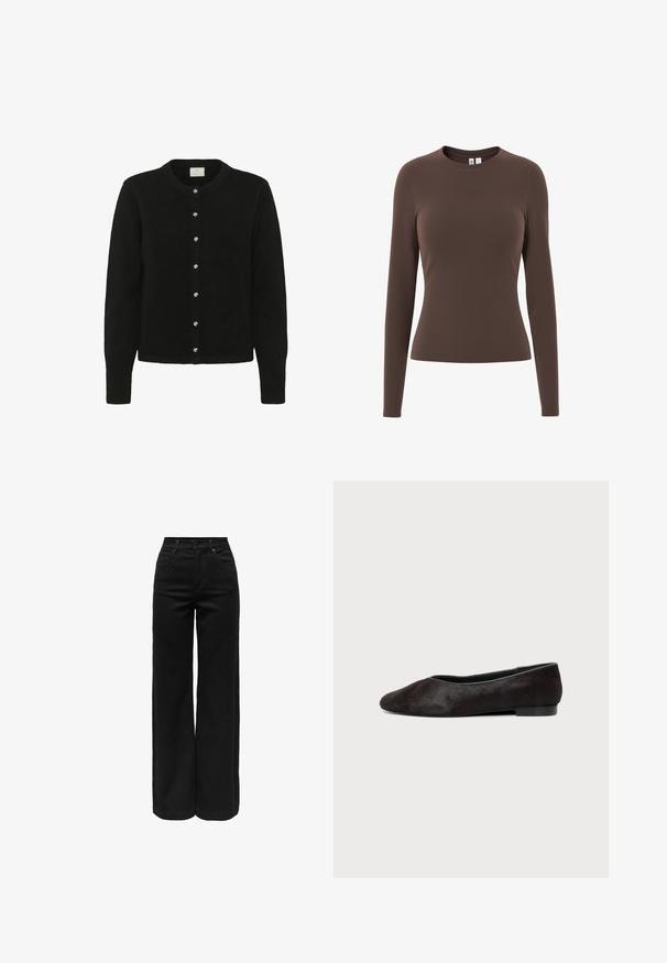 Sorte cardigan lavet af blødt stof, med lange ærmer, en rund halsudskæring og en række af fem blanke knapper foran.; Brun tætsiddende langærmet rundhalset trøje med glat tekstur, vist på en hvid baggrund.; Sorte vidde-bukser i denim med høj talje, fem lommer og knaplukning. Glat tekstur og minimalistisk design.; Sort lav flad sko med rund tå og glat tekstur, vist fra siden på en ensartet lys baggrund.