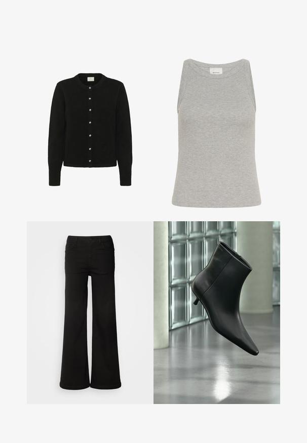 Sorte cardigan lavet af blødt stof, med lange ærmer, en rund halsudskæring og en række af fem blanke knapper foran.; Grå ribbet tanktop med rund halsudskæring og ærmeløs design. Fremstillet af blødt stof, har en tætsiddende silhuet og minimale syninger.; Sorte brede bukser lavet af denimstof, med frontlommer, knaplukning og en glat tekstur med en ren finish.; Sort læderankelstøvle med spids tå og lav kitten-hæ, vist vinklet mod en poleret gulv- og glasblokvæg.