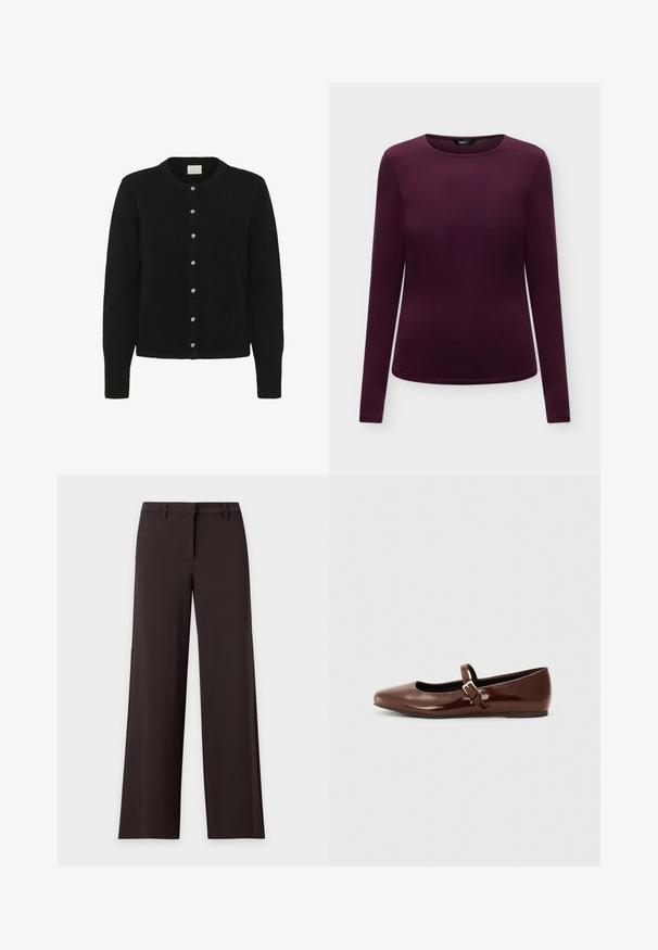Cardigan noir en tissu doux, avec des manches longues, un col rond et une rangée de cinq boutons brillants sur le devant.; Chemise ajustée à manches longues pour femme en violet foncé avec encolure ronde sur fond clair uni.; Pantalon noir à jambes larges avec passants pour ceinture et fermeture avant dissimulée, présenté à plat sur un fond clair.; Ballerine en cuir verni marron avec un bout carré et une lanière ornée d'une petite boucle dorée. Texture lisse, talon bas et design minimaliste.