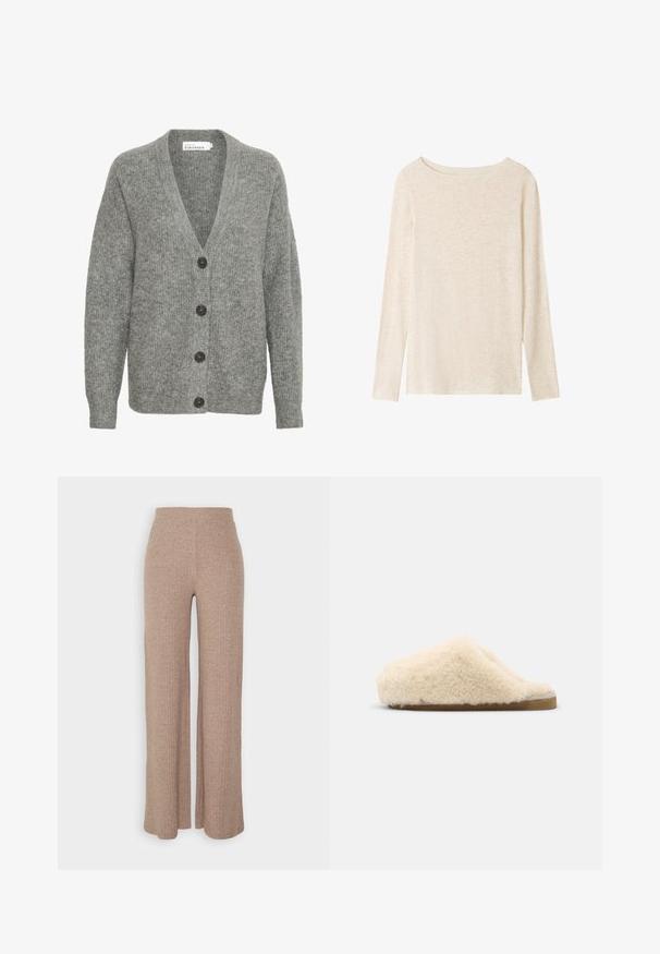 Grijze gebreide cardigan met een V-hals, vijf grote knopen aan de voorkant en ribgebreide manchetten. Gemaakt van een zachte, gestructureerde stof.; Lichtbeige fijngebreide top met lange mouwen, boothals en een subtiele gemêleerde structuur.; Beige geribbelde wijde broek met een hoge tailleband en zachte textuur, met een losse pasvorm en zonder zichtbare sluitingen.; Shepherd Pantoffels - creme