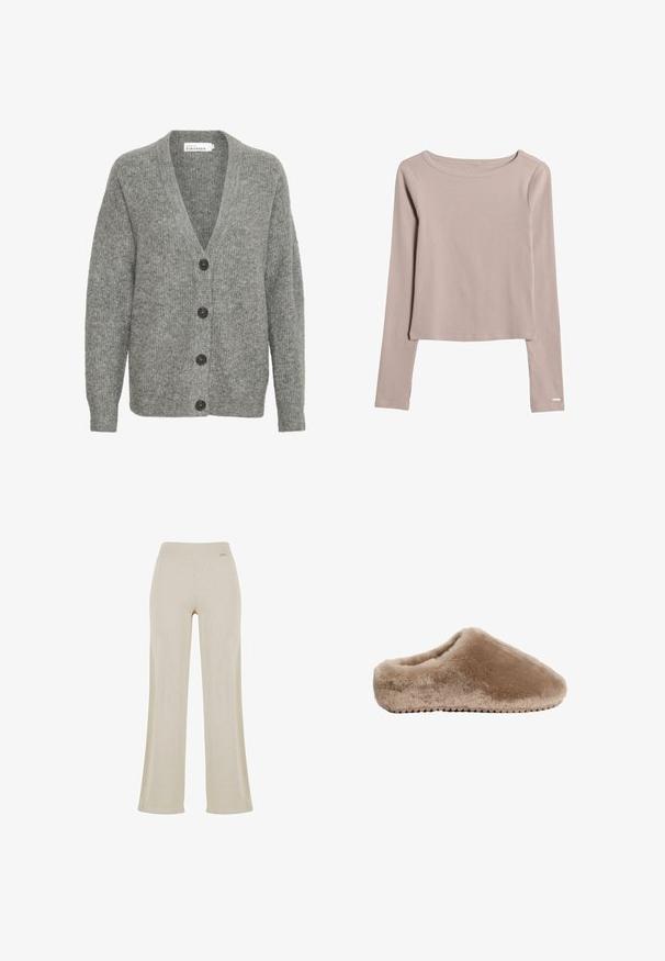 Grå strikket cardigan med V-hals, fem store knapper foran og ribbede manchetter. Lavet af blødt, tekstureret stof.; Lys beige langærmet skjorte lavet af blødt, strækbart stof. Har en bred halsudskæring og en let cropped bund. Diskrete syninger.; Beige vide bukser med en glat ribbet tekstur, elastisk talje og ingen synlige dekorationer, hvilket giver en afslappet silhuet.; Brun fuzzy slippers med en rund tå, blød tekstur og uden hæl. Har en holdbar sål med tekstureret greb til traction.