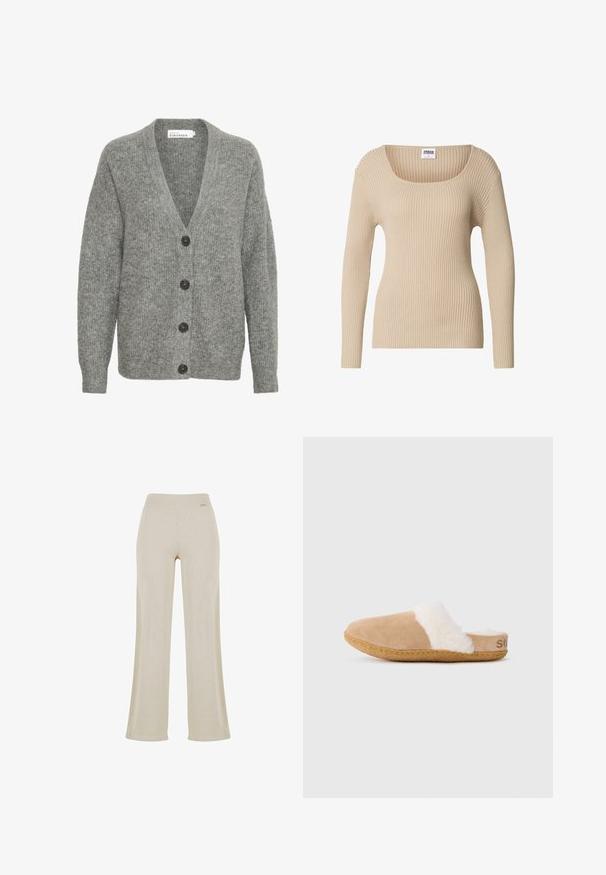 Grå strikket cardigan med V-hals, fem store knapper foran og ribbede manchetter. Lavet af blødt, tekstureret stof.; Beige ribstrikket sweater med firkantet halsudskæring og lange ærmer, lavet af blødt, tekstureret stof. Enkel design egnet til lag-på-lag.; Beige vide bukser med en glat ribbet tekstur, elastisk talje og ingen synlige dekorationer, hvilket giver en afslappet silhuet.; Tannubuck slip-on tøfler med hvid fluffy foring og gummisål, vist i profilen til siden på hvid baggrund.