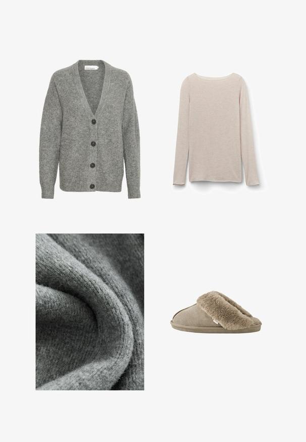 Grå strikket cardigan med V-hals, fem store knapper foran og ribbede manchetter. Lavet af blødt, tekstureret stof.; Lyserød langærmet t-shirt med afslappet rund halsudskæring, lavet af blødt stof med en subtil meleret tekstur.; Grå stof med en blød, tekstureret overflade, der har en blanding af fine fibre og et diskret ribbet mønster, foldet og krøllet.; Beige slip-on tøfler med blød, plyssede pelsforing omkring åbningen og en ydersål med ruskindslignende overflade.