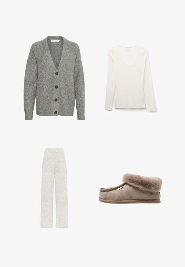 Grå strikket cardigan med V-hals, fem store knapper foran og ribbede manchetter. Lavet af blødt, tekstureret stof.; Hvid V-hals skjorte med lange ærmer, slim fit, lagt fladt på en hvid baggrund.; Lysegrå bukser med høj talje og vide ben i tekstureret stof uden synlige lommer eller lukninger.; Brune ruskinds hjemmesko med en blød, fluffy manchet, afrundet tå og en struktureret sål. Designet har en syet kant og et lille mærke.