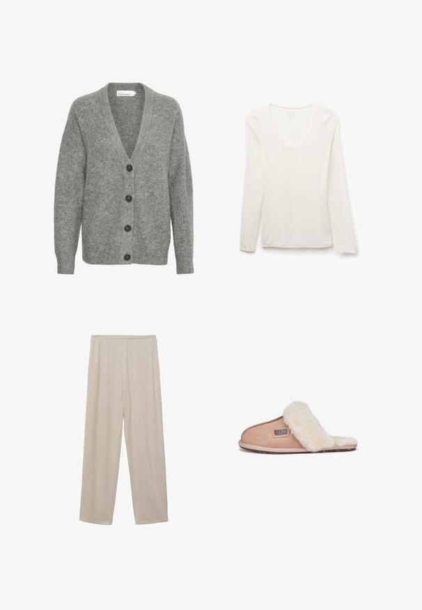 Grijze gebreide cardigan met een V-hals, vijf grote knopen aan de voorkant en ribgebreide manchetten. Gemaakt van een zachte, gestructureerde stof.; Wit T-shirt met lange mouwen en V-hals, slim fit, plat gelegd op een witte achtergrond.; Beige, lichte katoenen broek met een recht model, elastische tailleband en een gladde textuur. Geen zichtbare patronen of hardware.; Tan suède slipper met een zachte witte bontvoering, open teenontwerp, platte zool en een klein merklabel aan de zijkant.