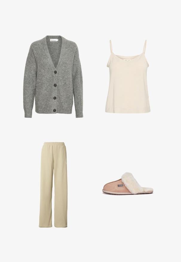 Grå strikket cardigan med V-hals, fem store knapper foran og ribbede manchetter. Lavet af blødt, tekstureret stof.; Lys beige cami lavet af blødt stof, med tynde justerbare stropper og en V-udskæring med en let afslappet pasform.; Beige ribstrikkede bukser med vidde ben, elastisk taljebånd og diskret lille hvidt logo på den øverste del af låret.; Tan suedestøvle med blødt hvidt pelsfor, åben tå-design, flad sål og et lille brandmærke på siden.