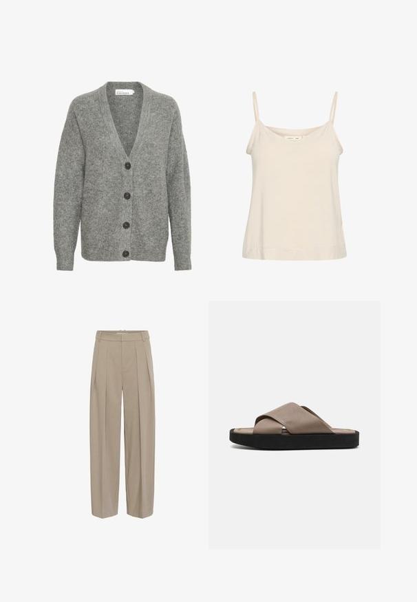 Grijze gebreide cardigan met een V-hals, vijf grote knopen aan de voorkant en ribgebreide manchetten. Gemaakt van een zachte, gestructureerde stof.; Lichtbeige topje van zachte stof, met dunne verstelbare bandjes en een V-halslijn met een iets ontspannen pasvorm.; Beige hoge taille wijde broek met voorknopen en riemlussen, op maat gemaakt met een verborgen sluiting aan de voorkant.; Bruine leren slide sandalen met een crisscross bandontwerp en een gestructureerde bovenkant. Zwarte rubberen zool zorgt voor contrast en duurzaamheid.