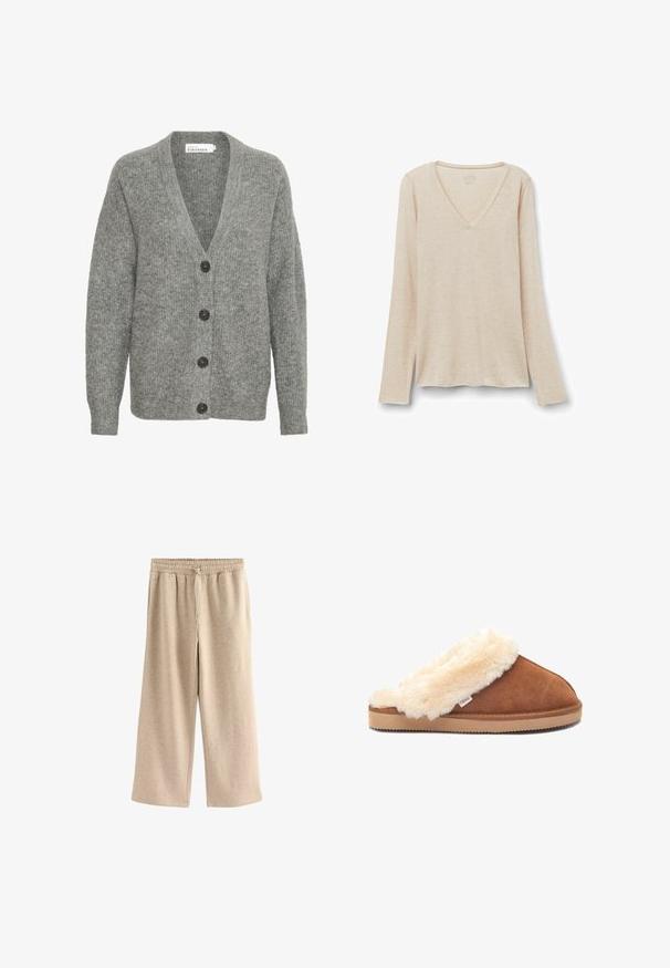 Grå strikket cardigan med V-hals, fem store knapper foran og ribbede manchetter. Lavet af blødt, tekstureret stof.; Langærmet V-hals top i lys beige stof med en blød tekstur. Afslappet pasform med lige kant og minimalistisk design.; Cremefarvede breddebenede bukser lavet af blødt bomuldsblandingsstof. Har en elastisk talje med snor og en subtil plettet tekstur.; Brune ruskinds slippers med en fluffy cremet pelskrave og let gummi sål, med et lille brandmærke på siden.