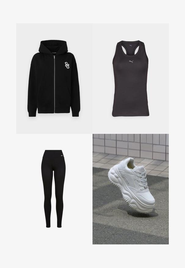 Zwarte zip-up hoodie van een katoenmix. Heeft een kangoeroezak, geribbelde manchetten en een klein grafisch logo op de linkerborst.; Zwarte sportieve tanktop met een racerback ontwerp, gemaakt van gladde stof, met een klein grijs logo op het midden van de voorkant.; Zwarte leggings met een hoge tailleband, rekbaar materiaal, een soepele textuur en een pasvorm die geschikt is voor casual of sportieve kleding.; Witte leren sneaker met een zware zool, textuurdetails en vetersluiting. Beschikt over gevormde accenten en een gladde afwerking.