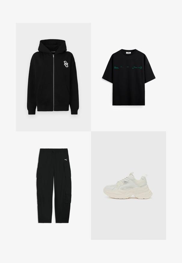 Schwarze Zip-Hoodie aus Baumwollmischung. Verfügt über eine Kängurutasche, gerippte Bündchen und ein kleines grafisches Logo auf der linken Brust.; Schwarzes kurzärmliges T-Shirt mit kleinem grünen Text auf der Brust und rundem Ausschnitt, gezeigt vor weißem Hintergrund.; Schwarze Cargohose mit elastischem Bund, Kordelzug, seitlichen Klappentaschen und kleinem weißen Puma-Logo auf dem rechten Oberschenkel.; Chunky Sneakers in Off-White, mit einem strukturierten Mesh- und glatten Lederobermaterial, einer dicken, wellenförmigen Sohle und Markenakzenten.