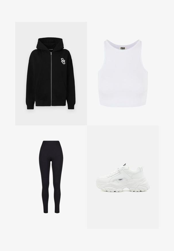 Schwarze Zip-Hoodie aus Baumwollmischung. Verfügt über eine Kängurutasche, gerippte Bündchen und ein kleines grafisches Logo auf der linken Brust.; Weißes, geripptes, kurzes Tanktop mit breiten Trägern und einem runden Ausschnitt. Hat eine weiche Textur und ein minimalistisches Design ohne Muster.; Schwarze hochgeschnittene Leggings aus dehnbarem Material, mit glatter Textur und figurbetontem Design, ohne sichtbare Nähte oder Muster.; Weiße klobige Sneakers mit einem glatten Lederobermaterial, abgerundetem Zehenbereich und dicker, strukturiertem Sohle mit einem sichtbaren Logo der Marke an der Seite.