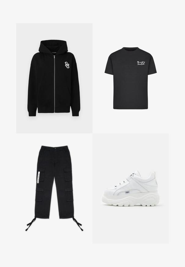 Schwarze Zip-Hoodie aus Baumwollmischung. Verfügt über eine Kängurutasche, gerippte Bündchen und ein kleines grafisches Logo auf der linken Brust.; Schwarzes Baumwoll-T-Shirt mit Rundhalsausschnitt. Mit weißem Text, einschließlich japanischer Schriftzeichen und "Slurp Away", auf der linken Brustseite.; Pegador TANAMI WIDE PANTS - Cargohose - black; Weiße Plattform-Sneaker aus glänzendem synthetischen Material mit Schnürdesign, gepolstertem Kragen und markiertem Akzent an der Seite.