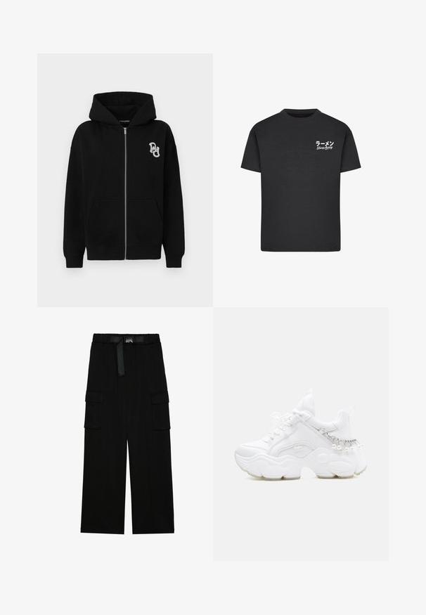 Haut à capuche zippé noir en mélange de coton. Il dispose d'une poche kangourou, de poignets côtelés et d'un petit logo graphique sur la poitrine gauche.; T-shirt noir en coton avec un col rond. Présente du texte blanc, y compris des caractères japonais et les mots "Slurp Away" sur la zone gauche de la poitrine.; Pantalons cargo noirs avec une coupe large, taille élastique avec une ceinture, et deux grandes poches latérales pour le rangement.; Baskets blanches épaisses avec semelle épaisse, devant à lacets et détail chaîne avec perles pendantes sur le talon.
