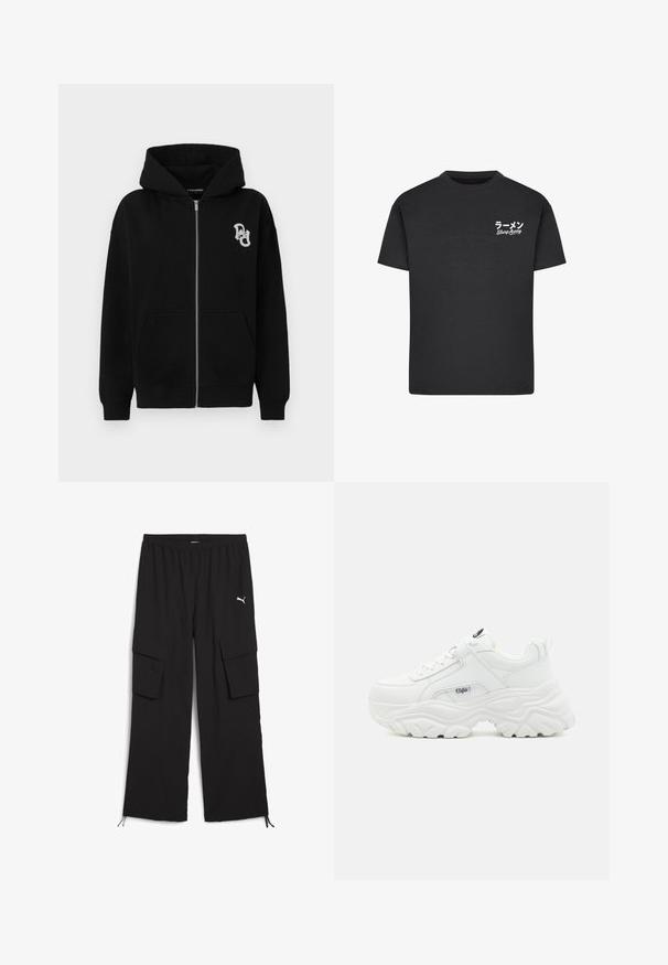 Schwarze Zip-Hoodie aus Baumwollmischung. Verfügt über eine Kängurutasche, gerippte Bündchen und ein kleines grafisches Logo auf der linken Brust.; Schwarzes Baumwoll-T-Shirt mit Rundhalsausschnitt. Mit weißem Text, einschließlich japanischer Schriftzeichen und "Slurp Away", auf der linken Brustseite.; Schwarze Cargo-Hosen mit weitem Bein, elastischem Bund, zwei Seitentaschen und Kordelzugsäumen. Mit einem kleinen weißen Logo.; Weiße klobige Sneakers mit einem glatten Lederobermaterial, abgerundetem Zehenbereich und dicker, strukturiertem Sohle mit einem sichtbaren Logo der Marke an der Seite.