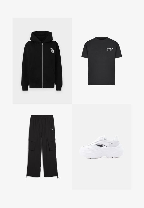 Zwarte zip-up hoodie van een katoenmix. Heeft een kangoeroezak, geribbelde manchetten en een klein grafisch logo op de linkerborst.; Zwarte katoenen t-shirt met een ronde hals. Bevat witte tekst, waaronder Japanse karakters en "Slurp Away", op de linkerborst.; Zwarte cargobroek met een wijd design, elastische tailleband, twee zijzakken en trekkoord bij de pijpen. Bevat een klein wit logo.; Witte chunky sneaker met bovenzijde van mesh en leer, dikke zool, metallic zilveren detail en "Karl Lagerfeld"-branding aan de zijkant.