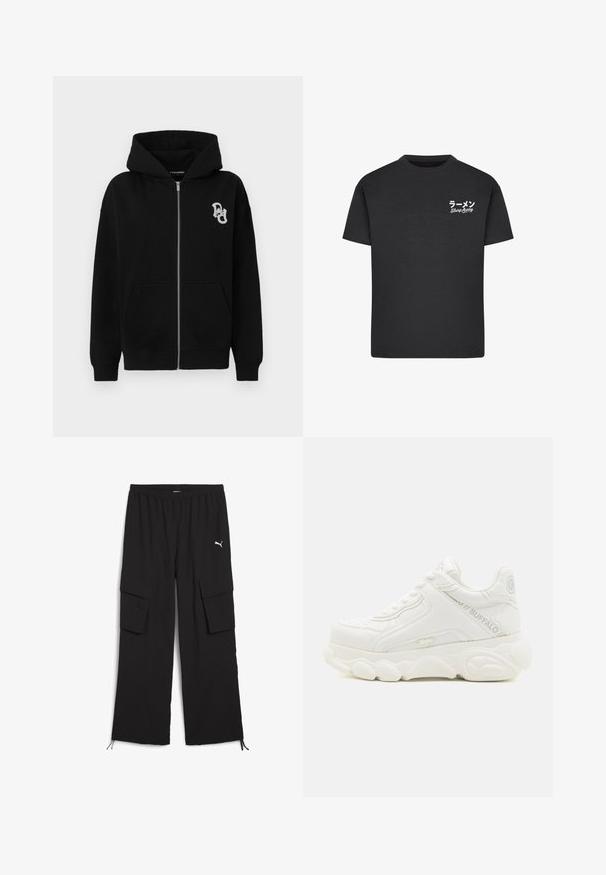 Schwarze Zip-Hoodie aus Baumwollmischung. Verfügt über eine Kängurutasche, gerippte Bündchen und ein kleines grafisches Logo auf der linken Brust.; Schwarzes Baumwoll-T-Shirt mit Rundhalsausschnitt. Mit weißem Text, einschließlich japanischer Schriftzeichen und "Slurp Away", auf der linken Brustseite.; Schwarze Cargo-Hosen mit weitem Bein, elastischem Bund, zwei Seitentaschen und Kordelzugsäumen. Mit einem kleinen weißen Logo.; Weißer klobiger Sneaker mit dicker Sohle, Schnürdesign und "Buffalo" Branding an der Seite und Ferse.