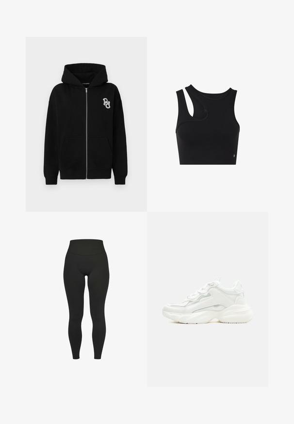 Schwarze Zip-Hoodie aus Baumwollmischung. Verfügt über eine Kängurutasche, gerippte Bündchen und ein kleines grafisches Logo auf der linken Brust.; Schwarzes ärmelloses Croptop mit asymmetrischem Schulterausschnitt auf der linken Seite, entworfen für sportliche oder legere Kleidung.; Schwarze, hoch taillierte Leggings in voller Länge mit breitem elastischem Bund, dargestellt vor weißem Hintergrund.; Weißer klobiger Sneaker mit dicker Sohle, Schnürverschluss vorne und glattem, synthetischem Obermaterial mit dezenten Steppnähten.